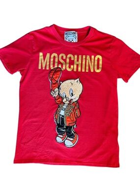 Moschino Couture Porky Pig Graphic T-Shirt Red Gold Logo Designer Tee Large